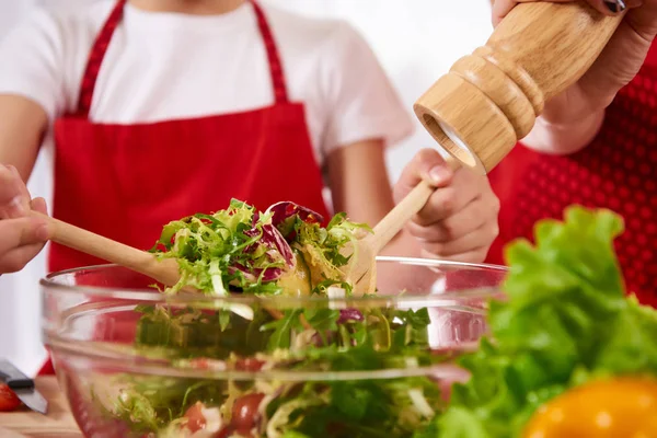 Anne ve kızı önlük içinde salata karışımı