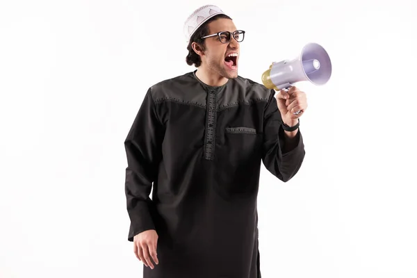 Arab muž mluví v megafon. — Stock fotografie
