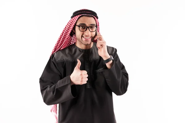 Happy Arab businessman in keffiyeh talks on — Stock Photo, Image