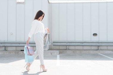 Kadın Park alışveriş merkezinde alışveriş sonra yakınındaki yolda yürüyor.