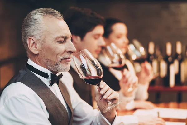 Tres sommeliers evalúan la calidad de la bebida alcohólica en vaso de vino. Degustación de vinos . — Foto de Stock
