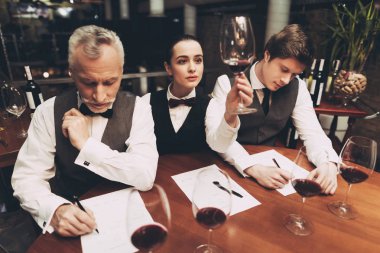 Güzel kadın sommelier şarap tutarak ve çökeller tatma.