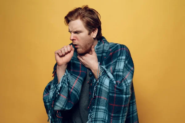 Young Sick Guy Wrapped in Checkered Plaid Coughing — Stock Photo, Image