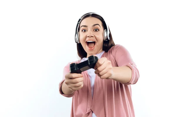 Jovem Gamer Menina Fones Ouvido Com Joystick Jogar Jogo Computador — Fotografia de Stock