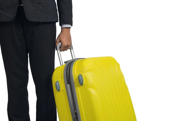 Homme Affaires Valise Jaune Isolé Sur Fond Blanc Avec Chemin — Photo