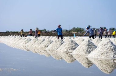 Tuz çiftlik tuz, deniz tuzu kitle. Tayland tuz alanında sıralama işçi.