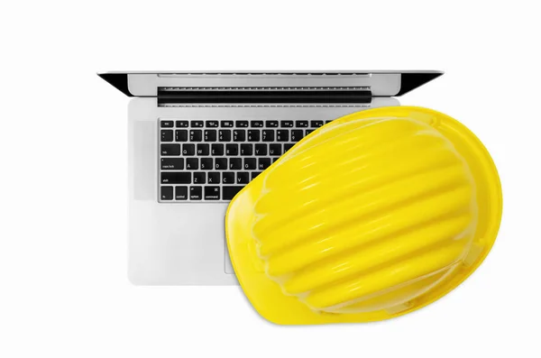 Schreibtischtechniker Mit Gelbem Helm Smartphone Kaffeetasse Papiernotiz Brille Und Büroausstattung — Stockfoto