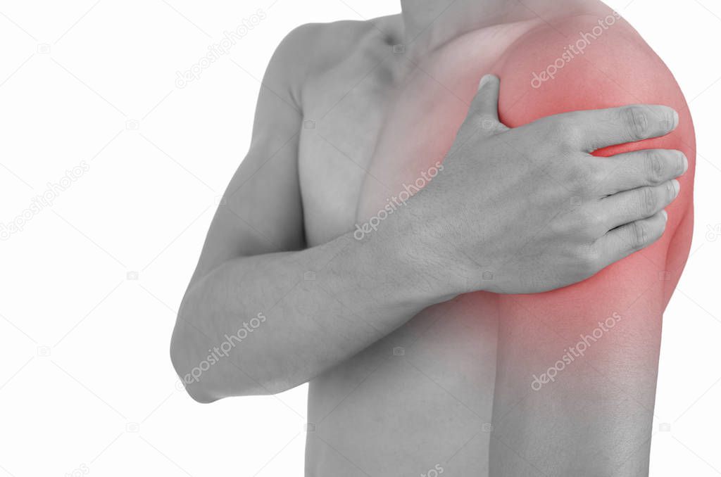 Man having shoulder joint pain isolated on white with clipping path.