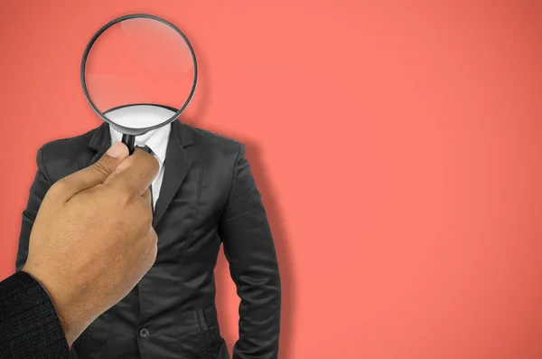 Concept Businessman Searches Hand Holding Magnifying Glass Black Suit — Stock Photo, Image