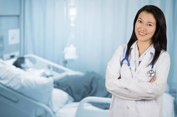 Asian Female Doctor Patient Rooms Blurred Background — Stock Photo, Image