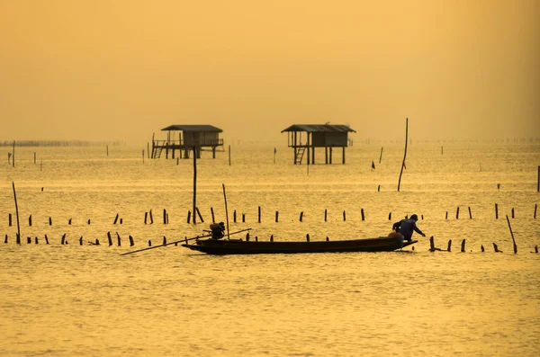 Silueta Barco Pesca Bang Tabun Phetchaburi Tailandia —  Fotos de Stock