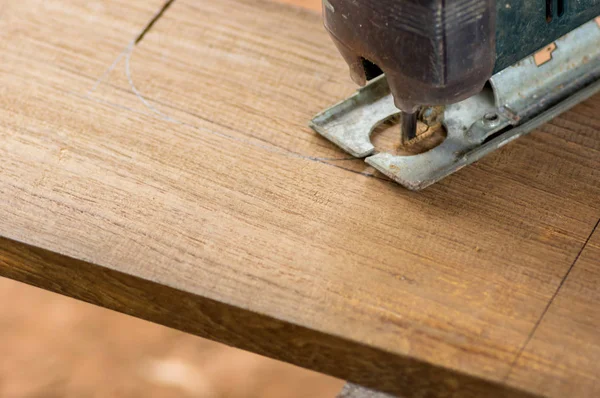 Carpenter Working Jig Saw Wood Soft Focus — Stock Photo, Image