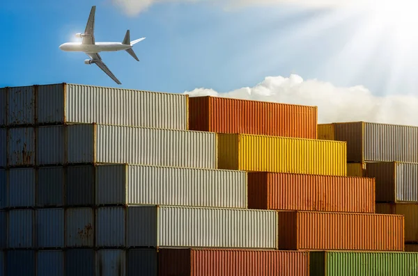 Porto Container Trasporti Industria Con Aeroplano — Foto Stock