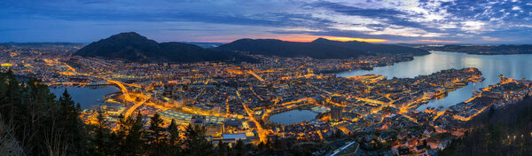 Panoramic view of Bergen from Floyen, Bergen, Norway at sunset.