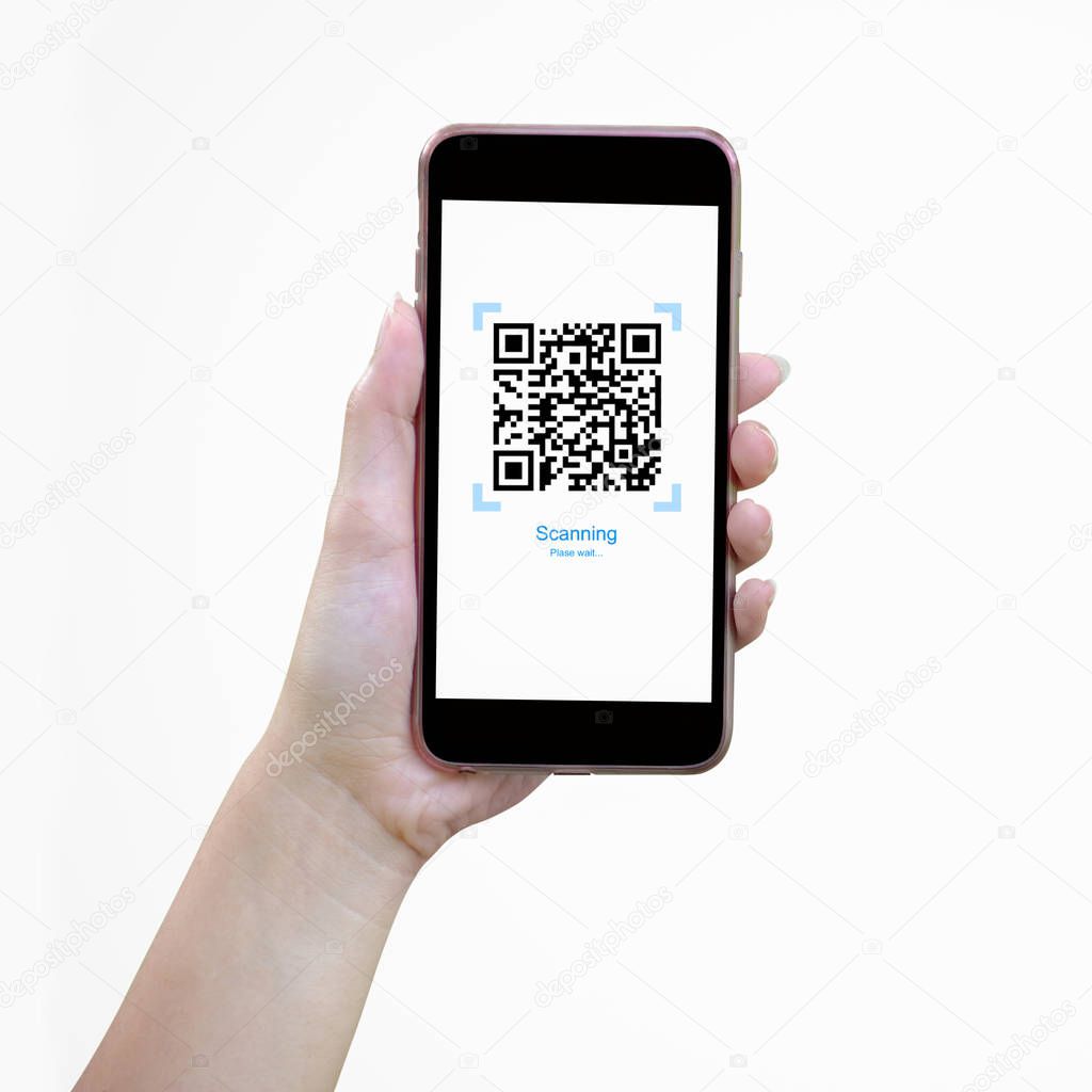Woman hand holding mobile smartphone with Realistic QR CODE on white screen, isolated on screen.