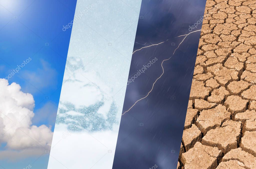 Weather Background - Various weather, bright sun and snow, dark sky, storm and drought.