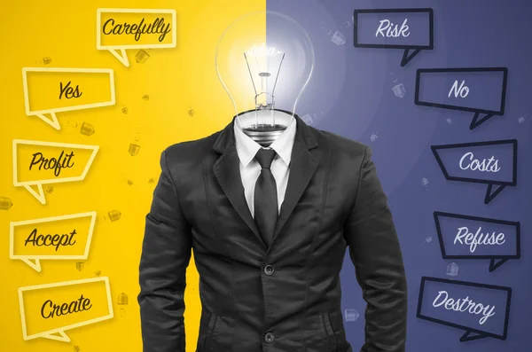 Suit with idea bulb head on background, Concept opposite.