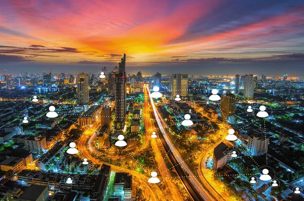 Bangkok City Noc Sieci Połączenie Koncepcji — Zdjęcie stockowe