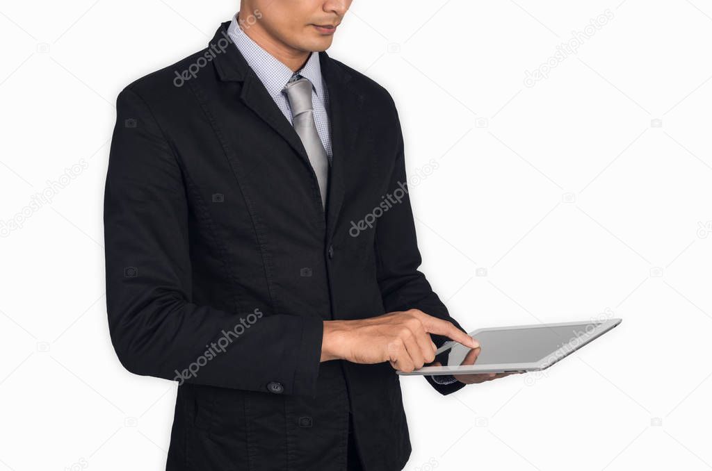 Businessman in suit and digital tablet isolated on white with clipping path.