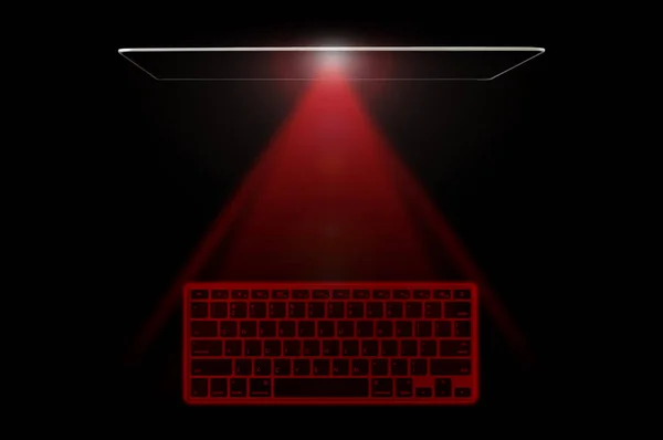 Digital virtual keyboard on black background. A projection keyboard is a form of computer input device whereby the image of a virtual keyboard is projected onto a surface.