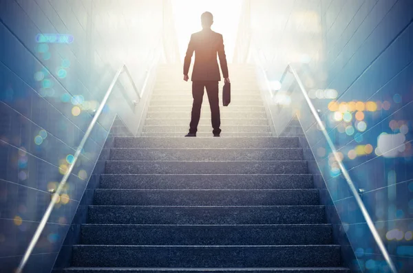 Vista Trasera Hombre Negocios Subiendo Escaleras Concepto Éxito — Foto de Stock