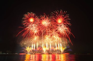 Kara gökyüzü arka planında renkli havai fişekler.