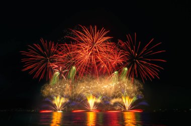 Kara gökyüzü arka planında renkli havai fişekler.