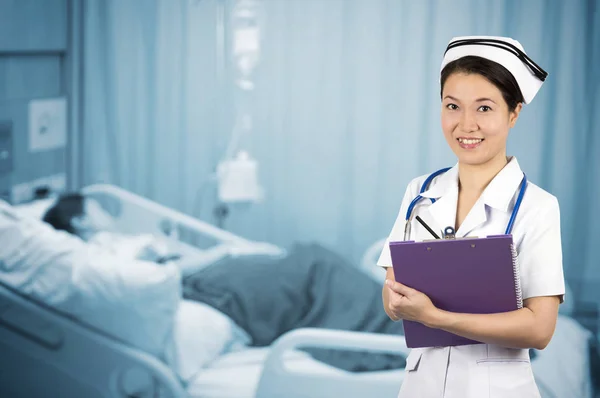 Asian Nurse Stethoscope Background Blur Patient Room — Stock Photo, Image