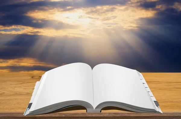 Open Book Wooden Table Sunbeams Clouds Background — Stock Photo, Image