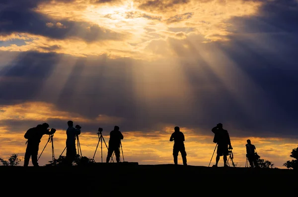 Silhouettes Nombreux Photographes Beau Ciel Lever Soleil — Photo