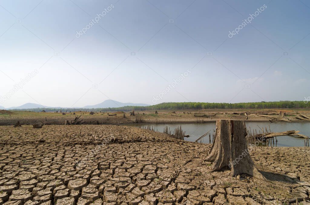 Global warming, Drought in the summer, the ground is dry reservoir of Mae Moh, Lampang, Thailand.