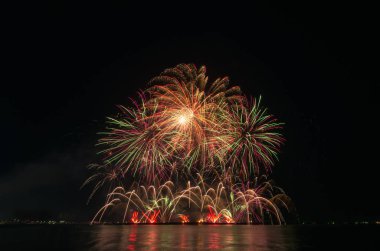 Kara gökyüzü arka planında renkli havai fişekler.