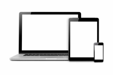 Dizüstü bilgisayarlar, tabletler ve cep telefonları. Beyaz arka plan üzerinde izole elektronik becerikli alet mockup görüntü.