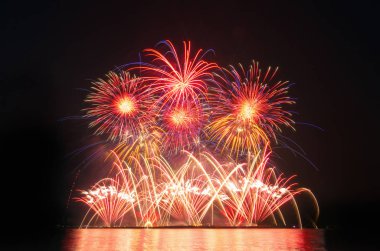 Kara gökyüzü arka planında renkli havai fişekler.