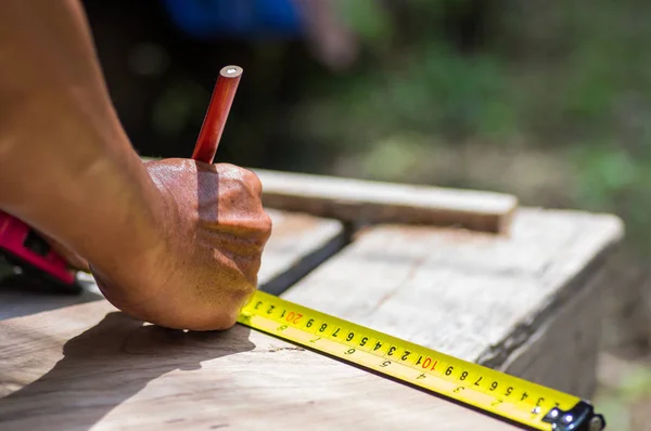 Carpenter Hand Measuring Tape Pencil Workplace — Stock Photo, Image