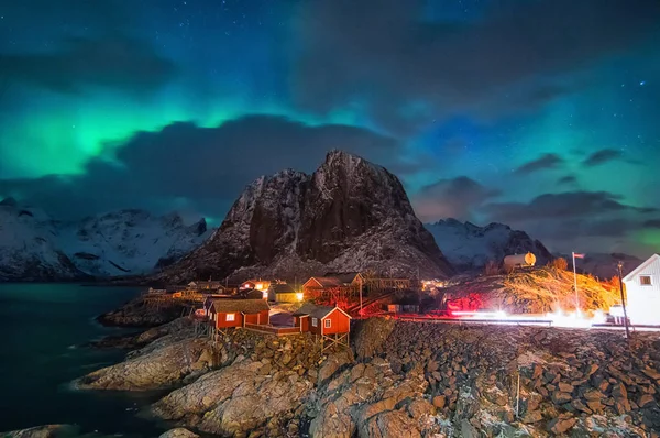 Hamny Oudste Meest Pittoreske Vissersdorp Lofoten Noorwegen Met Northern Light — Stockfoto