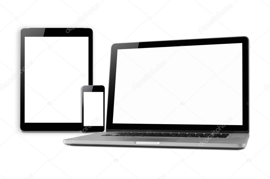 Laptop smartphone and tablet mockup on white background.