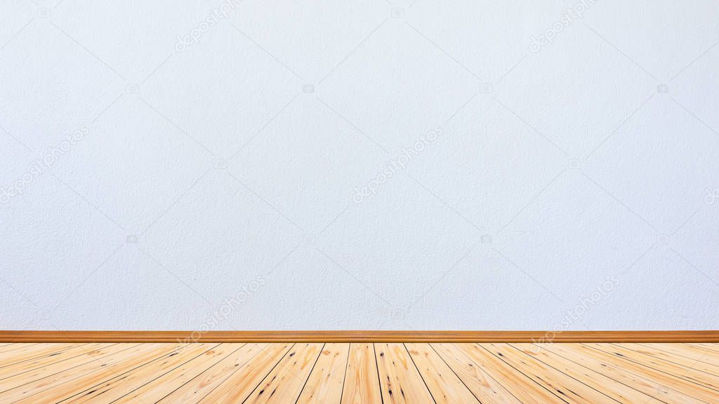 Background of Blank white cement big walls and wooden floor, Interior decoration.