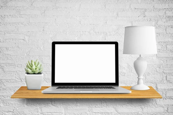 Laptop Lamps Potted Cactus Bookshelf Wall Blank Screen — Stock Photo, Image