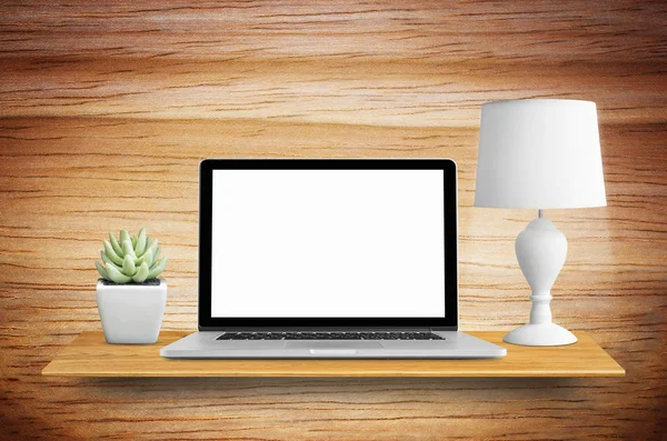 Laptop Lampor Och Krukväxter Cactus Bokhyllan Väggen Med Blank Skärm — Stockfoto
