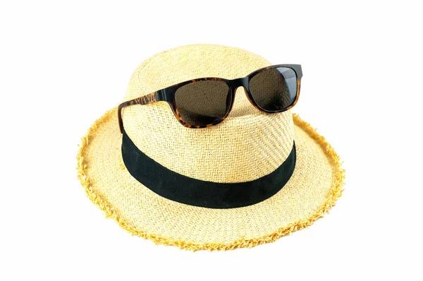 Γυαλιά Ηλίου Για Καπέλο Που Απομονώνονται Λευκό Φόντο Ταξιδιωτικές Τις — Φωτογραφία Αρχείου