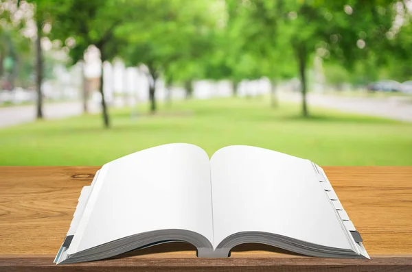 Open Book Wooden Table Abstract Blurred Light Background — Stock Photo, Image