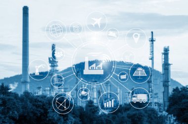 Sanayi 4.0 kavramı, akıllı fabrika ile teknolojileri imalat simgesi akış otomasyonu ve veri değişim.