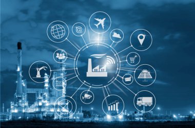 Sanayi 4.0 kavramı, akıllı fabrika ile teknolojileri imalat simgesi akış otomasyonu ve veri değişim.