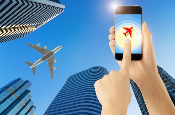 Smartphone Touch Screen Sull Icona Dell Aereo Con Gps Navigation — Foto Stock