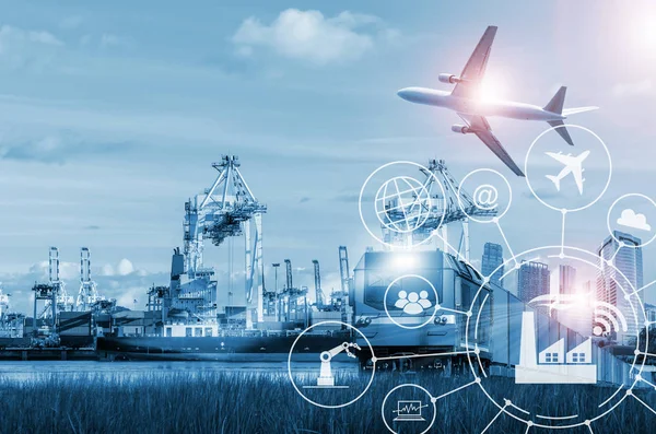 konteyner ile iş sanayi sevkiyat, taşıma bağlantı noktası ve nakliye kargo uçağı gemi ve ticari lojistik ithalat ihracat.