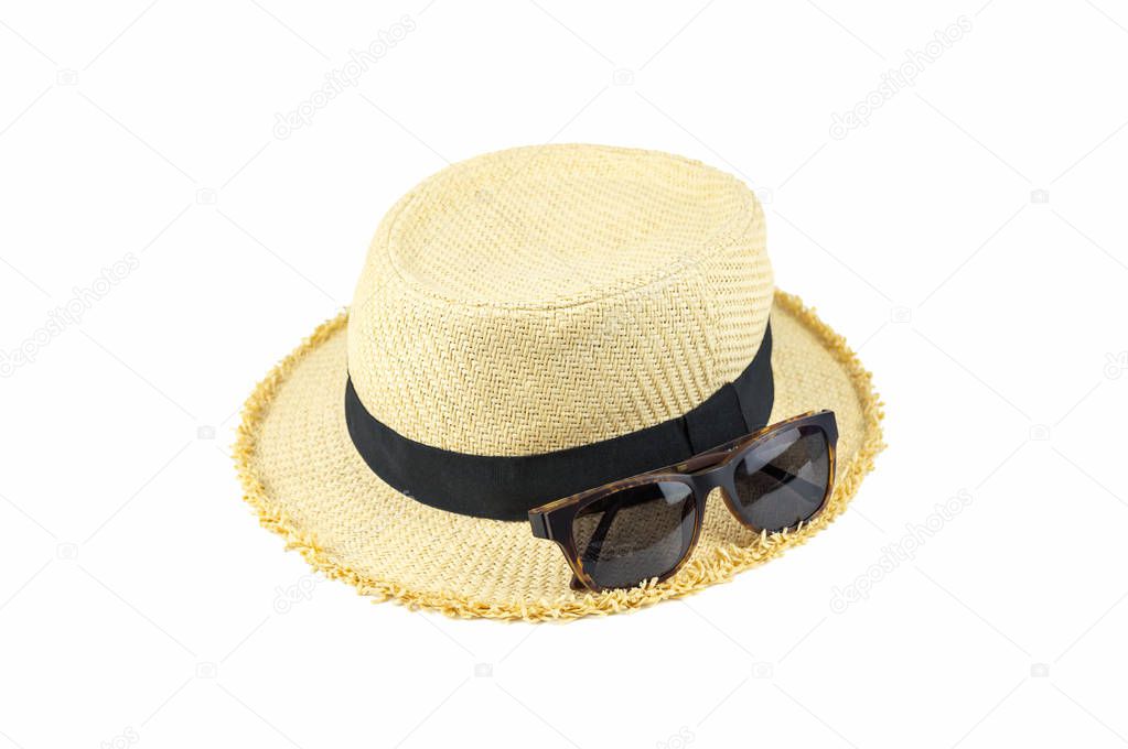 Sunglasses on hat isolated on white background, Travel or tourism concept.