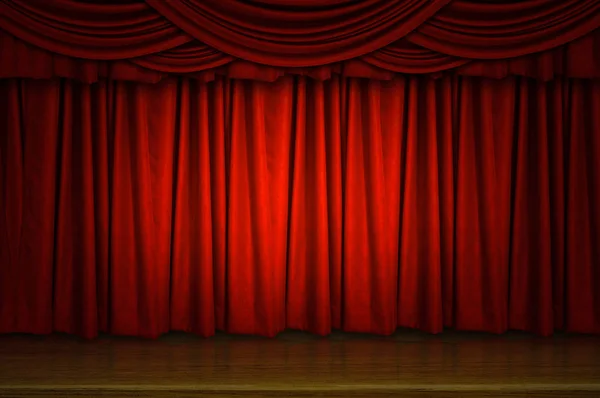 Red curtains and wooden stage floor.
