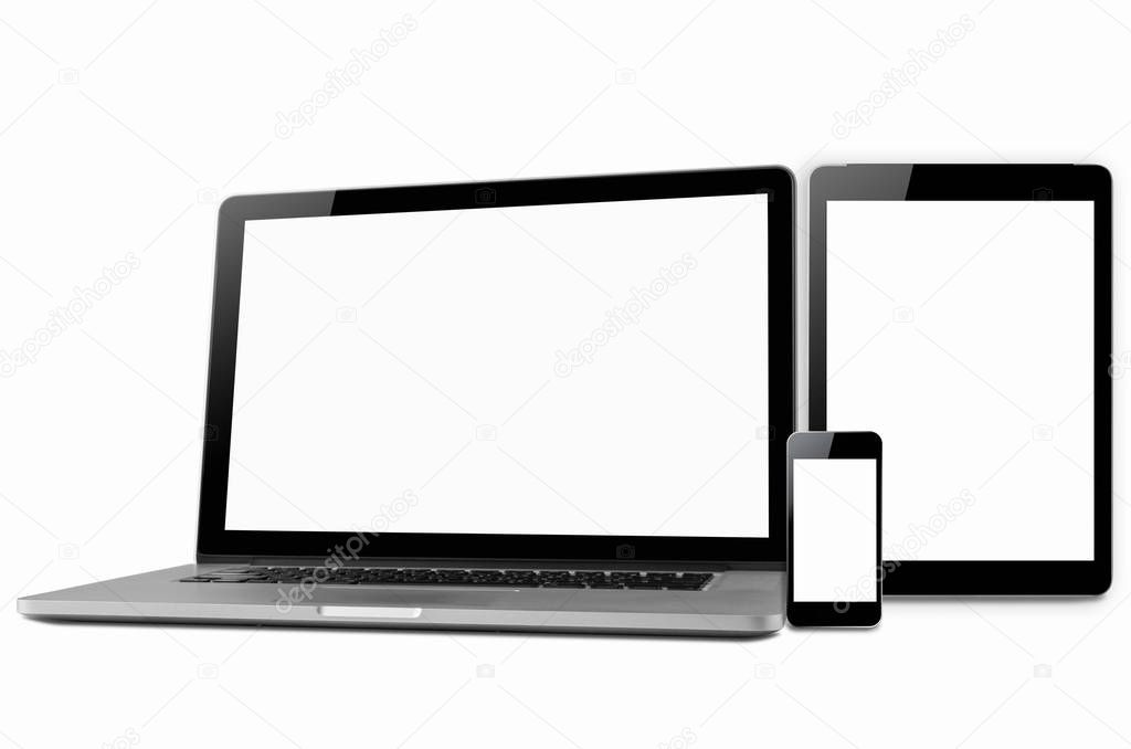 Laptop, tablet and mobile phone. Mock up image of electronic gadgets isolated on white background.
