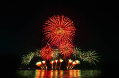 Kara gökyüzü arka planında renkli havai fişekler.